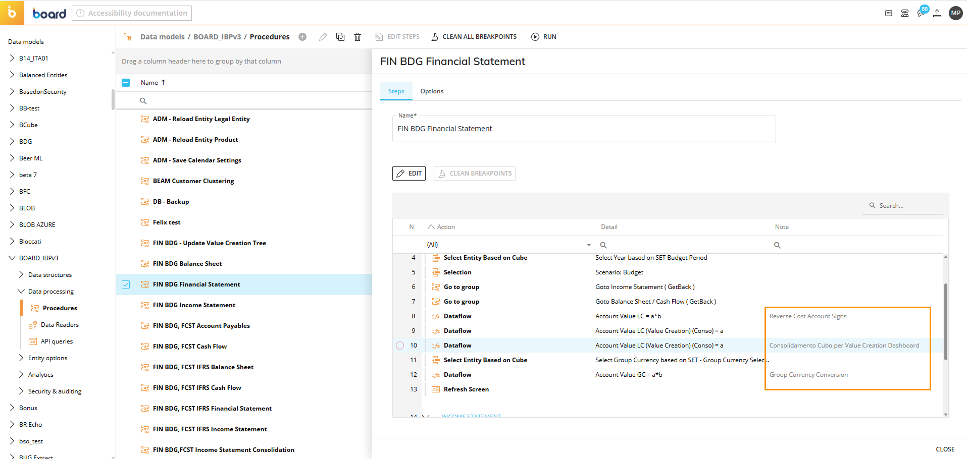 Overview of FIN BDG Financial Statement procedures with highlighted key actions and options.